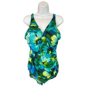 SlimShaper Womens One-Piece Swimsuit 1X Floral Ruched Adjustable Straps Beach